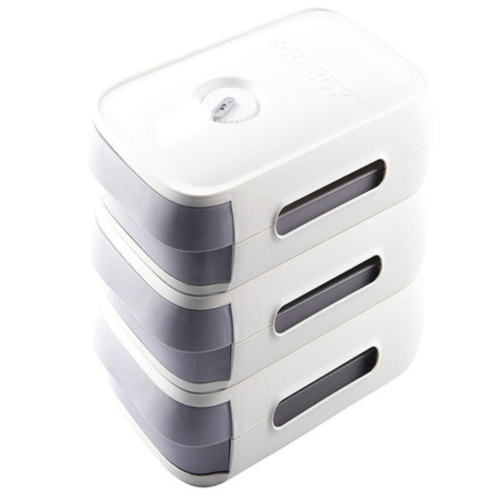 Stack of white and gray containers on a white background