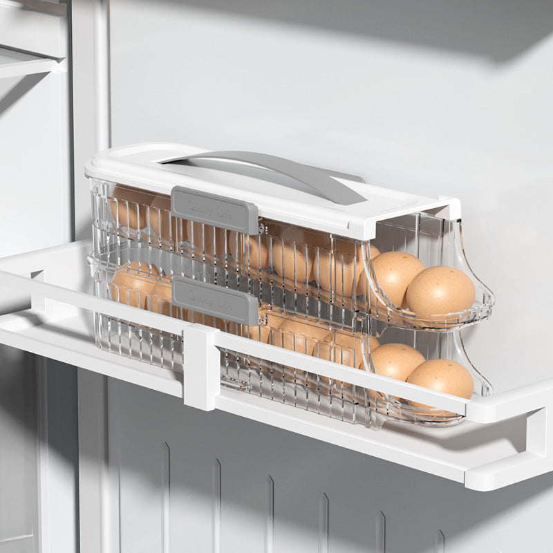 Egg storage basket with eggs inside, attached to a kitchen cabinet.