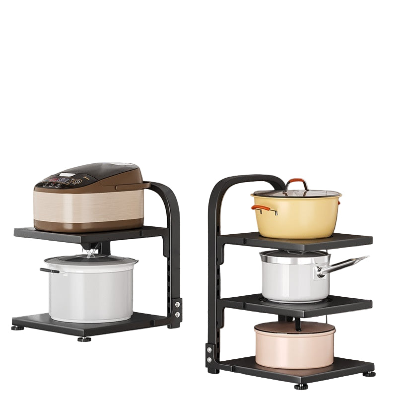 Wall-mounted countertop storage shelves with pots and pans on a marble tiled wall background.