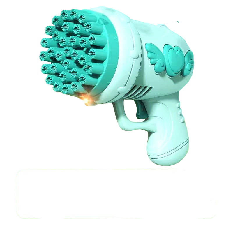 Green handheld device with bristle-like attachments on a light green background
