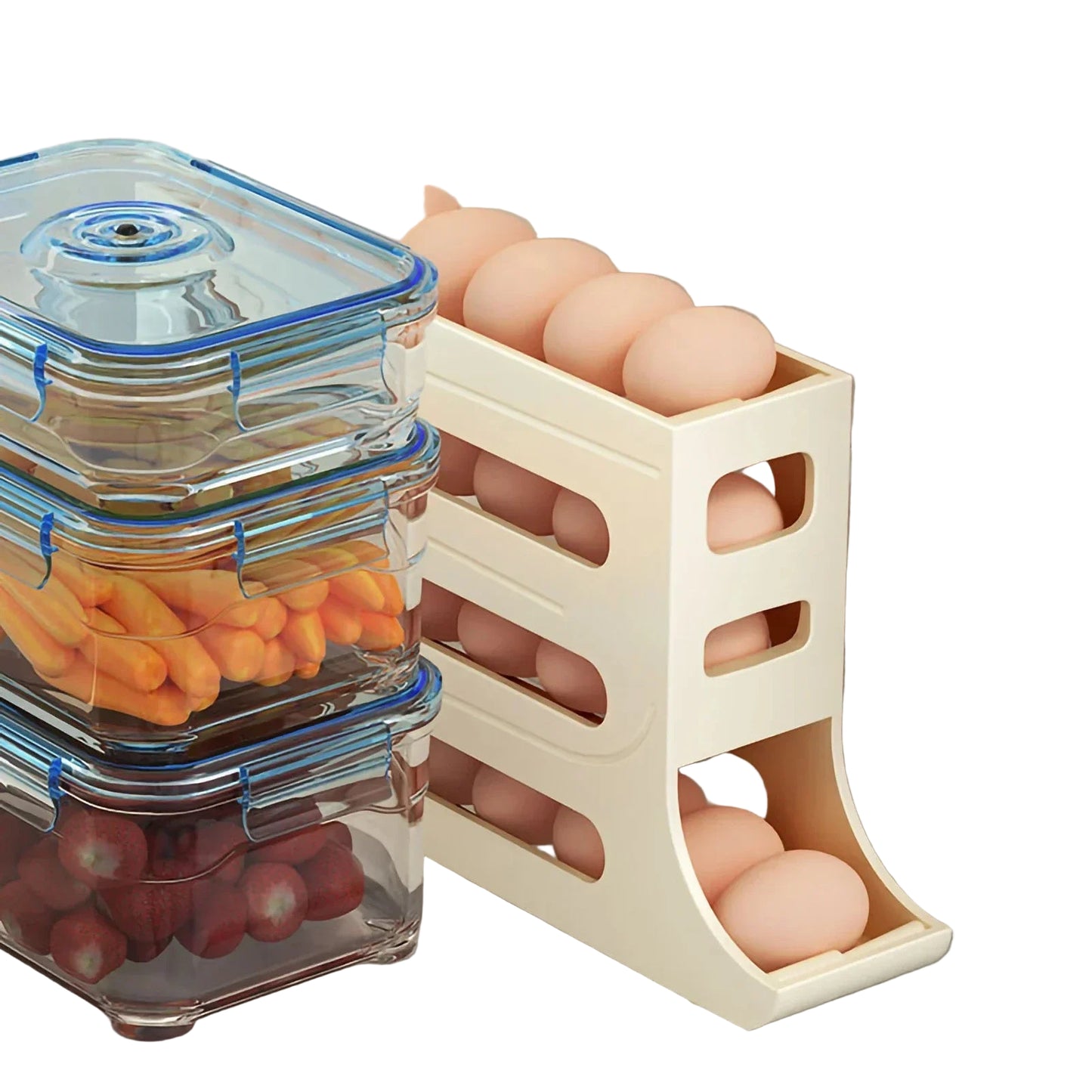 Egg holder with eggs and stacked containers on a kitchen counter.