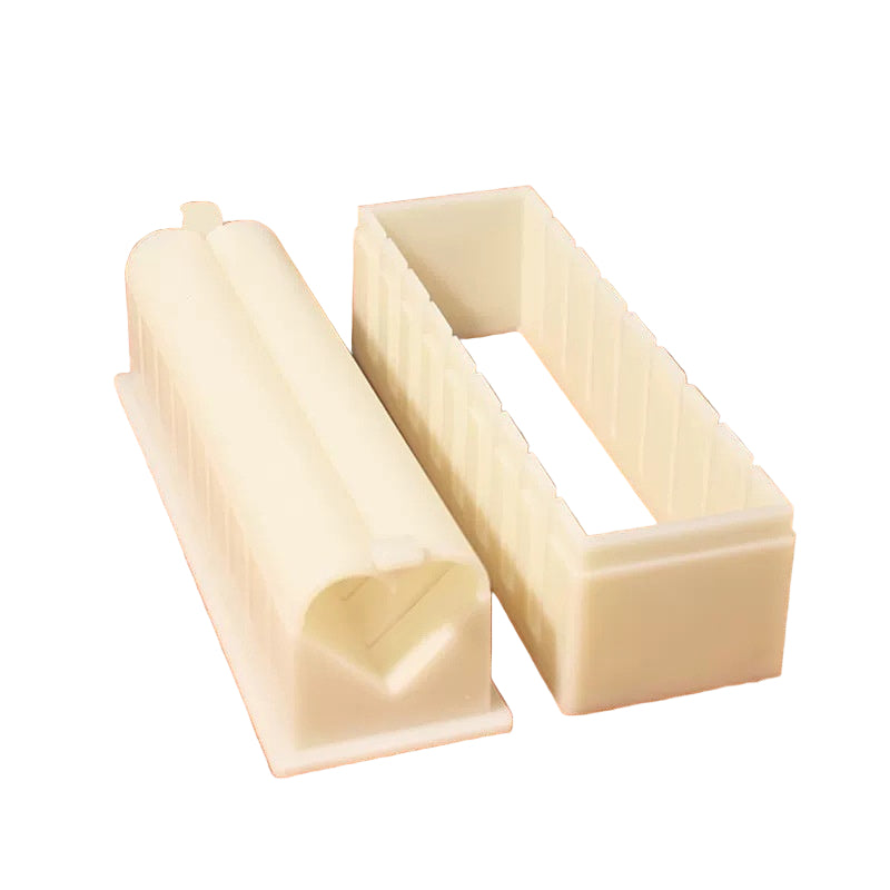 Heart shaped sushi serving set with dimensions on a wooden surface