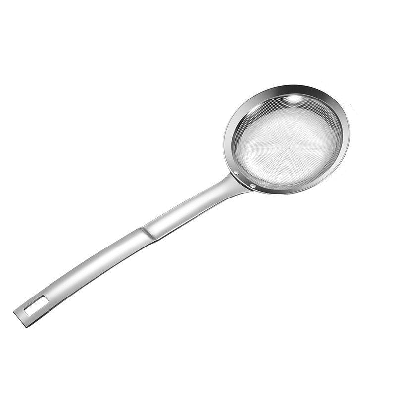 Stainless steel ladle with measurement details on a white background