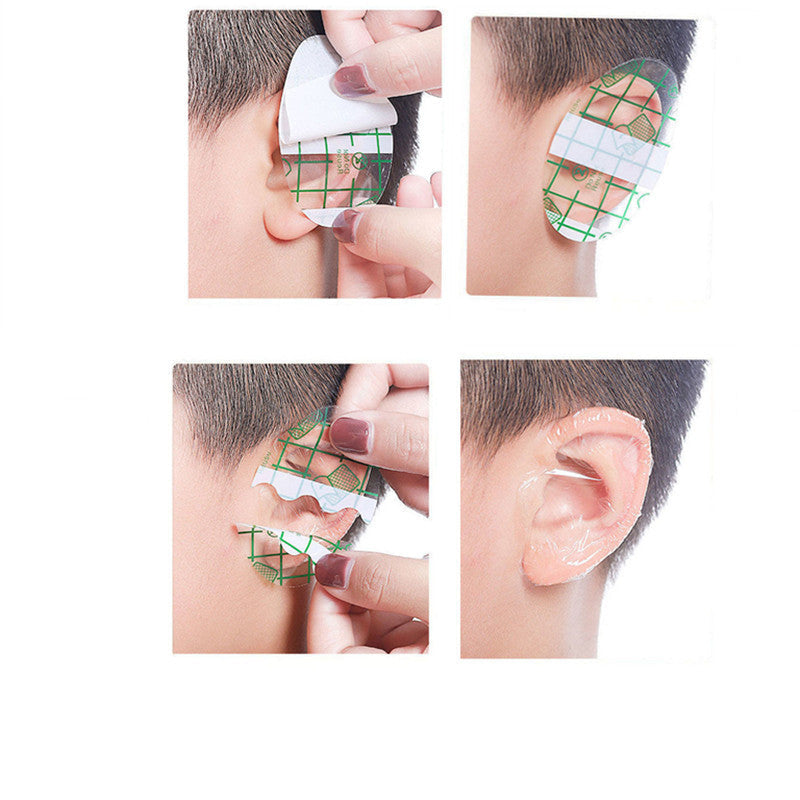 Step-by-step process of applying an ear patch to a person's ear.