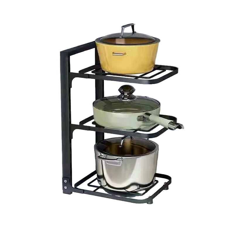 Three-tier pot rack with pots and pans, showing dimensions and adjustable base.