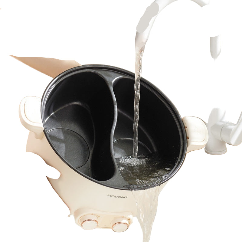Person rinsing a black and beige pot under running water with text about non-stick coating ease of cleaning.