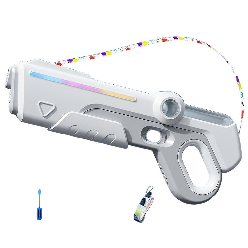 Electric pulse water gun with colorful strap on a dark background