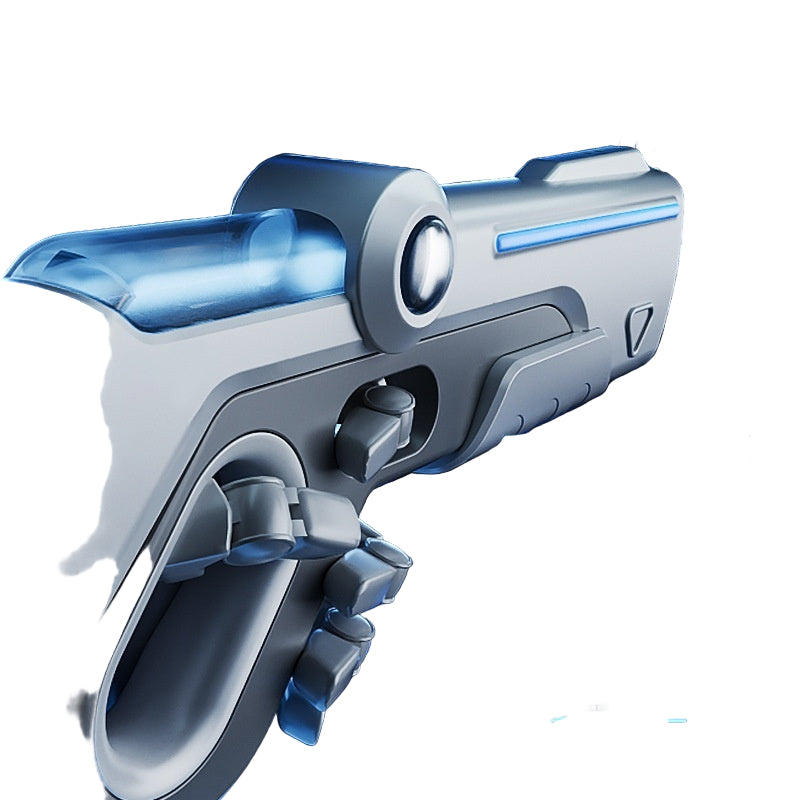 Futuristic water gun with digital display and range information on a dark background