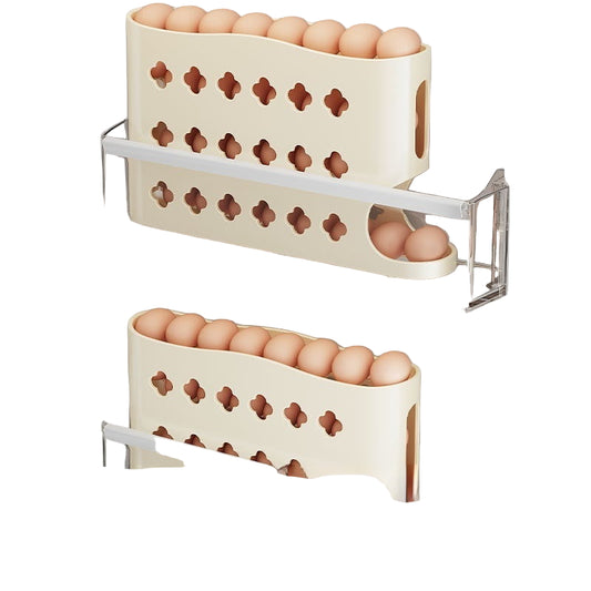 Egg storage containers with eggs inside a refrigerator, labeled 'Super space saving!'.
