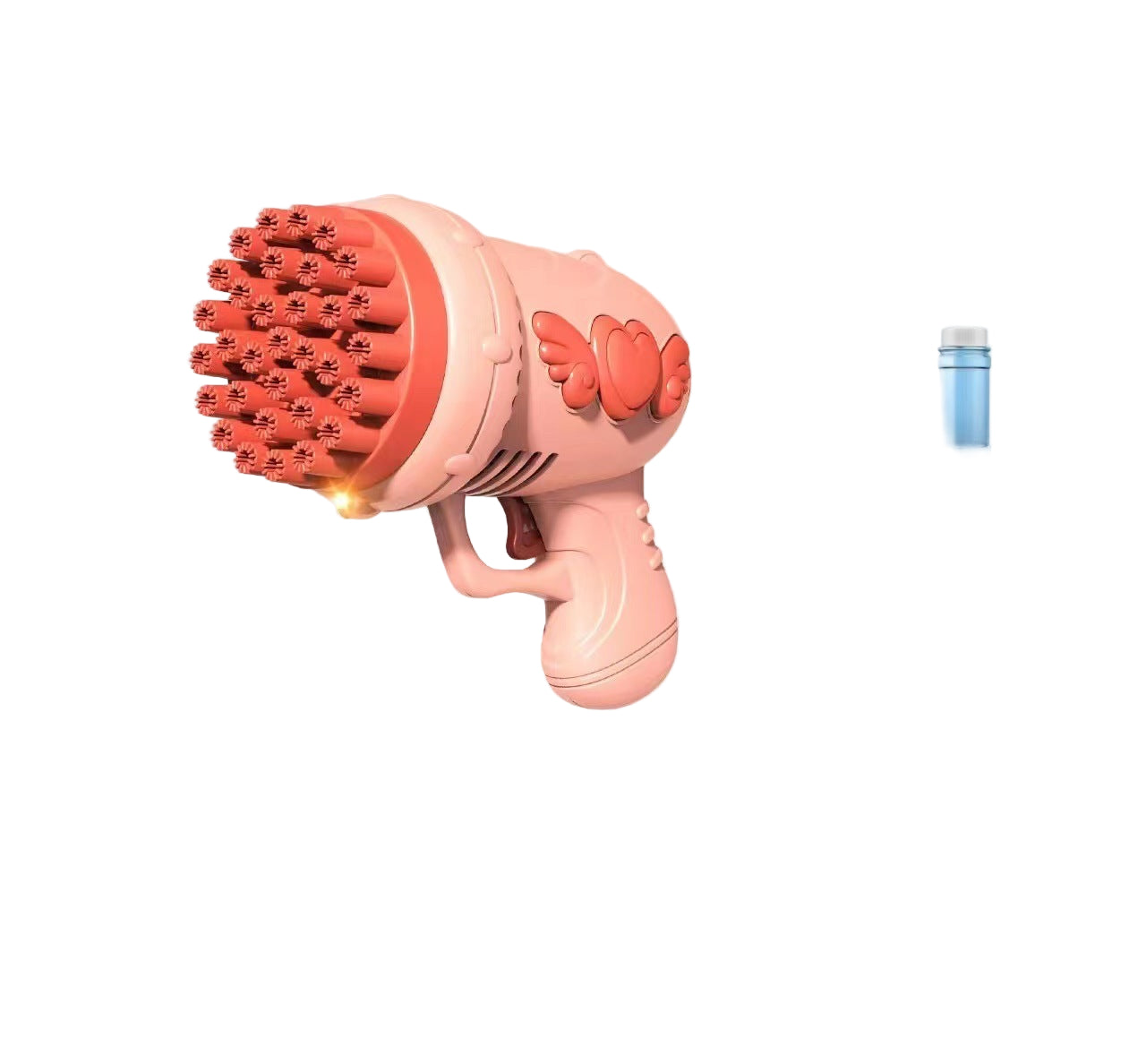 Bubble gun with red nozzles on a pink background, featuring dimensions and packaging details.