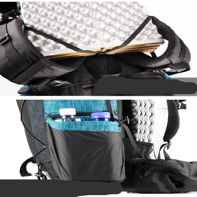Backpack with herringbone fixing belt and side pockets