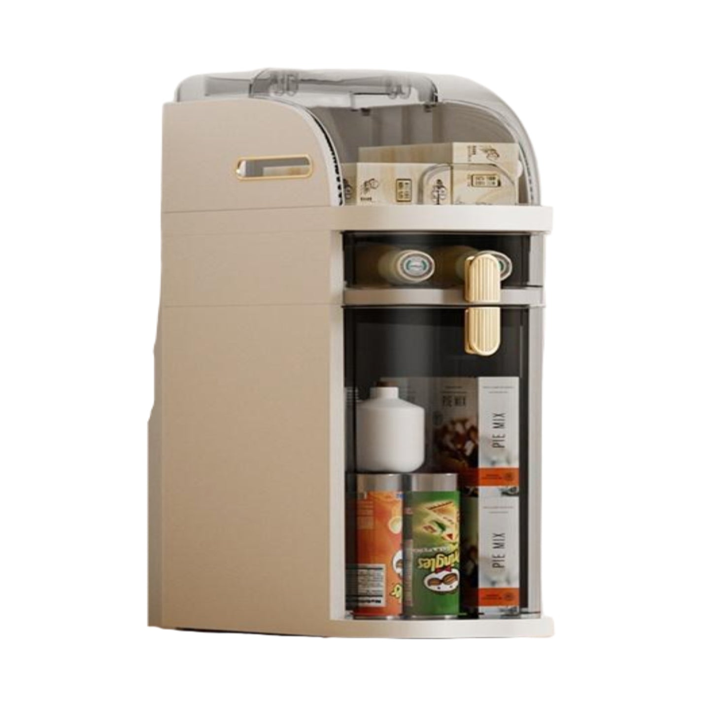 Two-layer storage cabinet with dimensions and features on a beige background