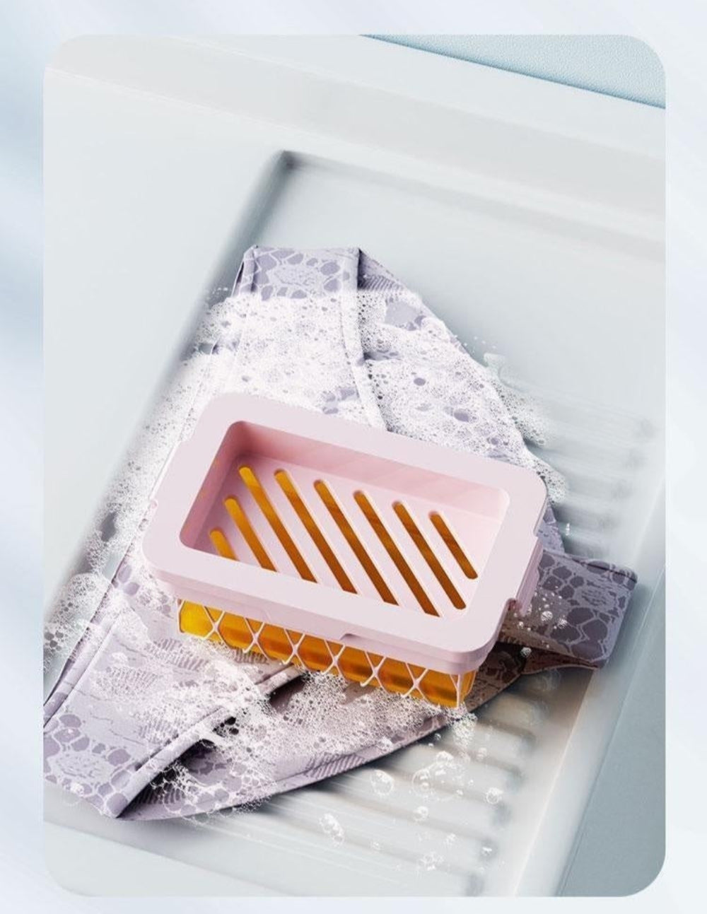 Clothes cleaning device with text on a light gray background
