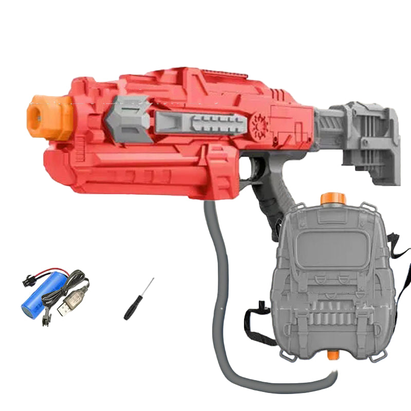 Red and gray water gun with a 4000ML capacity on a beige and blue background.