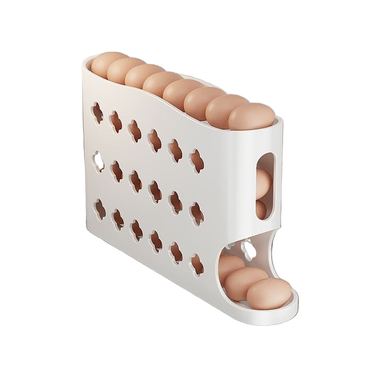White egg holder with eggs inside, placed in a refrigerator.