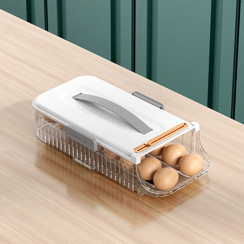 Clear egg holder with brown eggs on a wooden surface