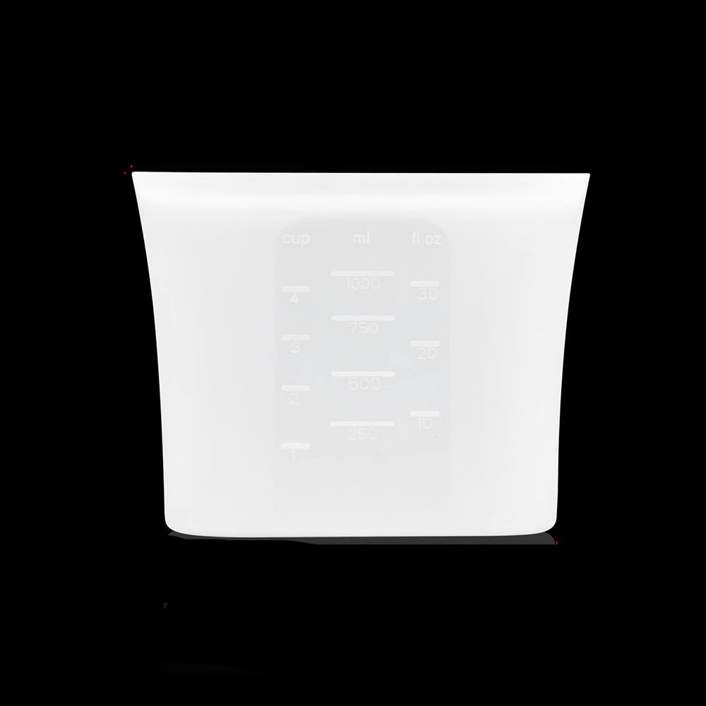 White container with measurements on a black background