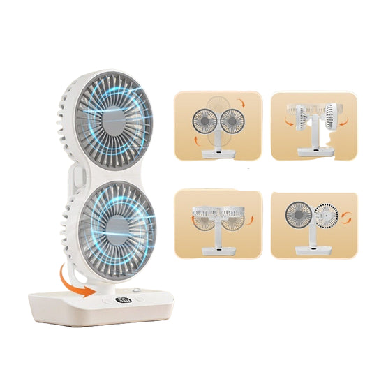 Portable fan with flexible air outlet range on a wooden surface