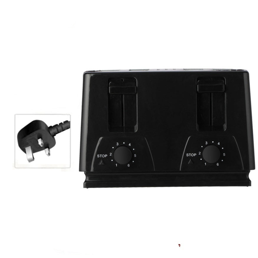Black electronic device with multiple outlets and a UK plug adapter on a white background