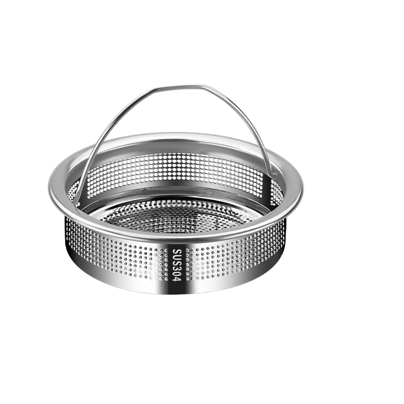 Kitchen sink strainer with dimensions and material details on a white background
