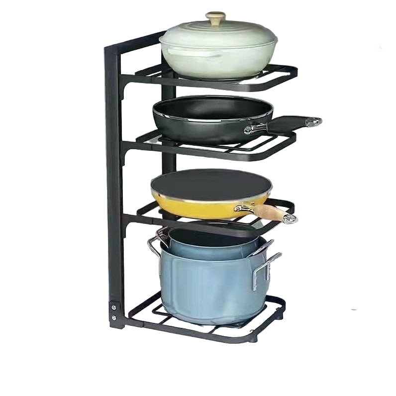 Kitchen pot and pan organizer with measurements on a neutral background
