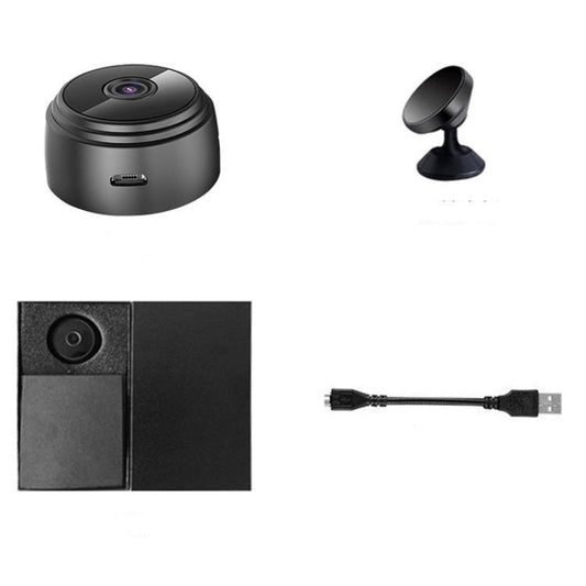 Set of black electronic devices including a camera, mount, and cable on a white background