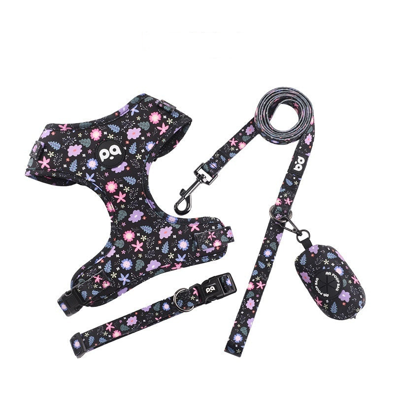 Pet harness, leash, and collar set with floral design on a white background