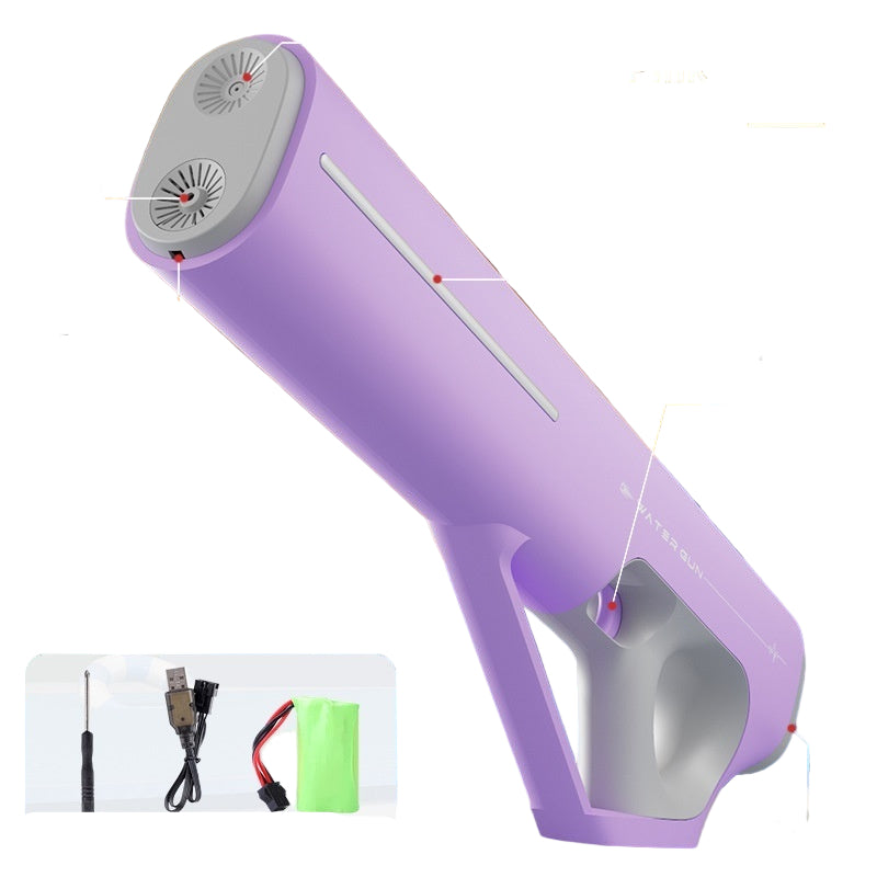Purple handheld device with labeled parts and accessories on a colorful background