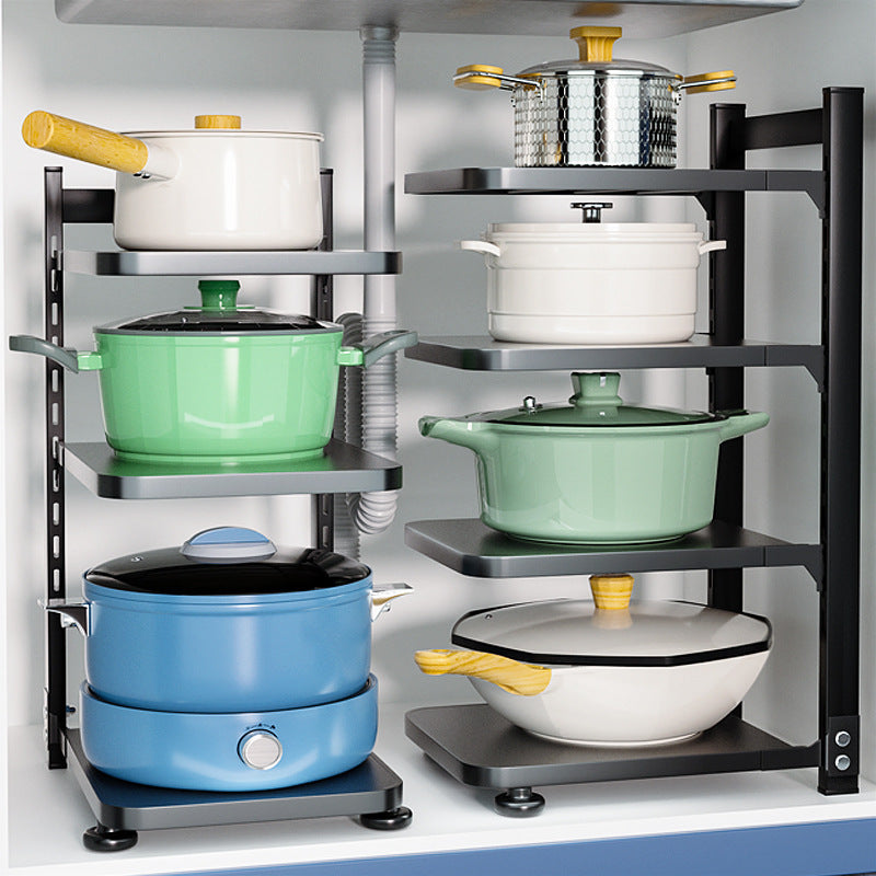 Kitchen storage rack with pots and pans on shelves