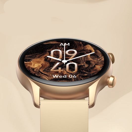 Smartwatch with a gold case and beige strap on a beige background, featuring text about display specifications.
