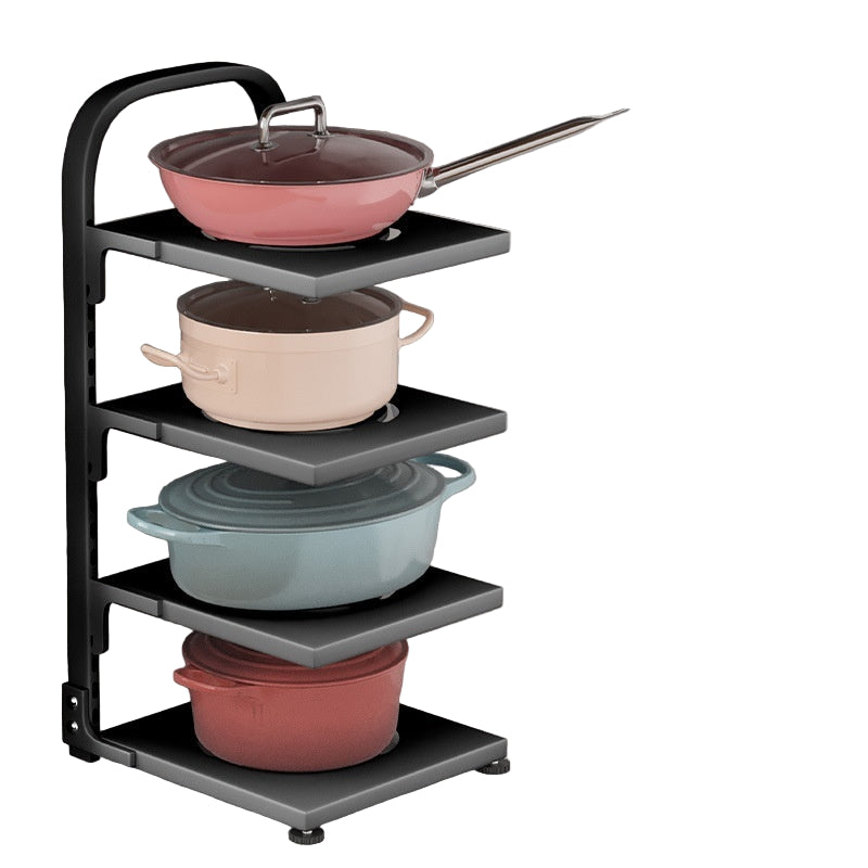 Kitchen storage rack with pots and pans, featuring adjustable feet and multiple application scenarios.