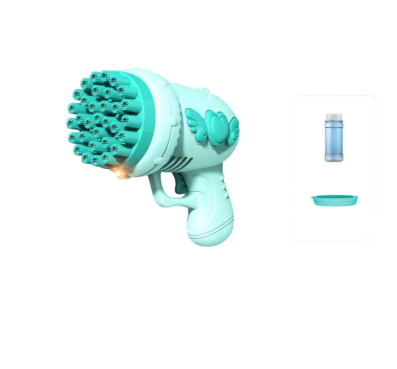 Bubble gun with specifications and dimensions on a light blue background