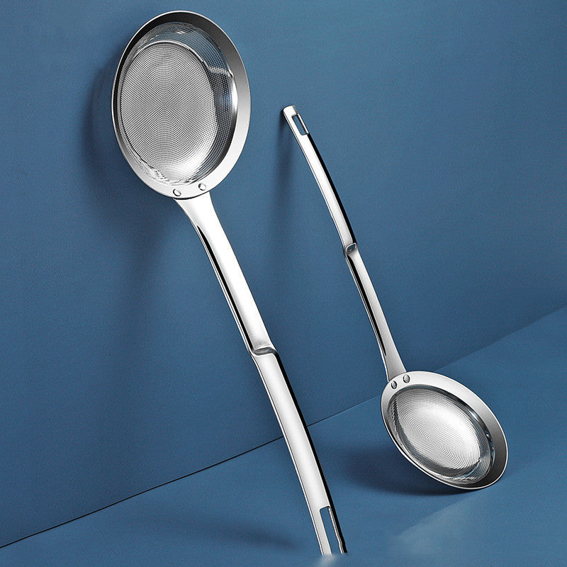 Two metal ladles with mesh ends on a blue background