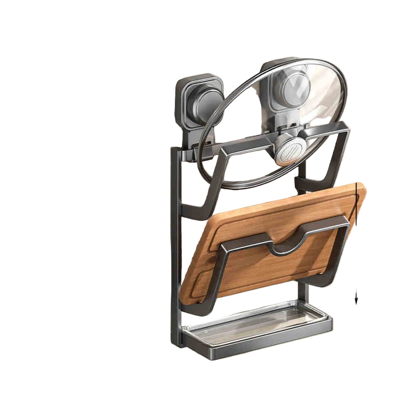 Two-layer wall-mounted kitchen rack with dimensions on a tiled wall background