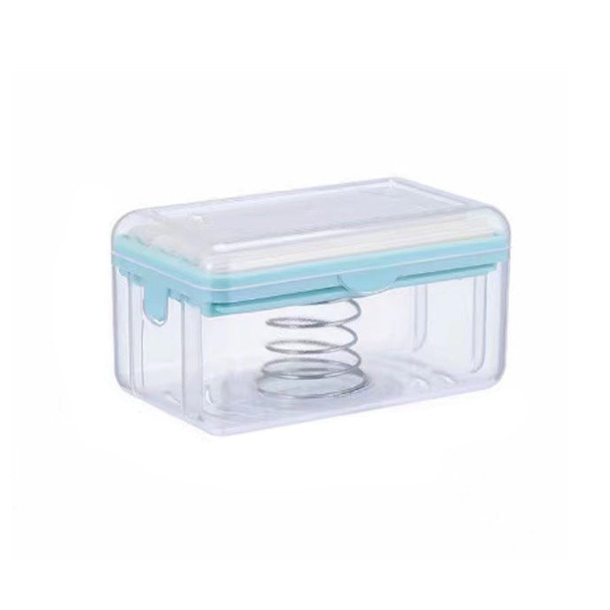 Clear container with a blue lid and measurements on a white background