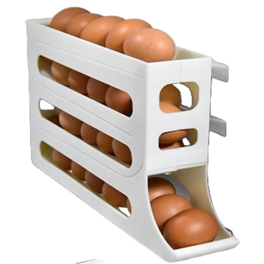 White egg holder with eggs on a tiled kitchen wall