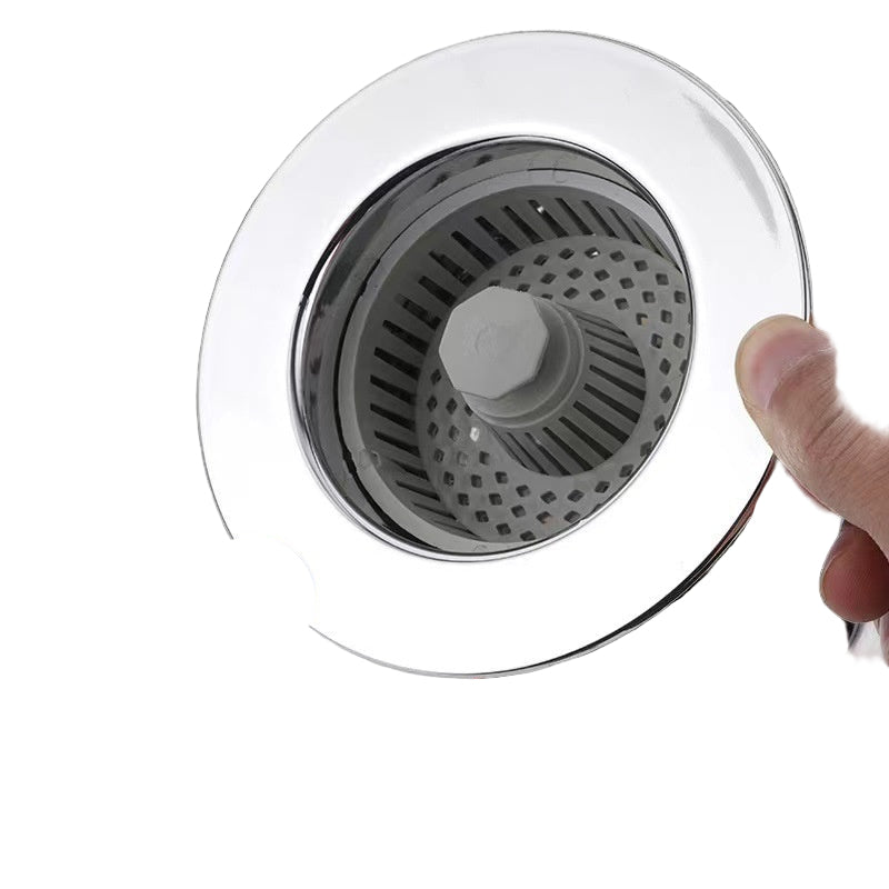 Sink strainer with hand holding it, labeled for anti-clogging filtration and rapid drainage.