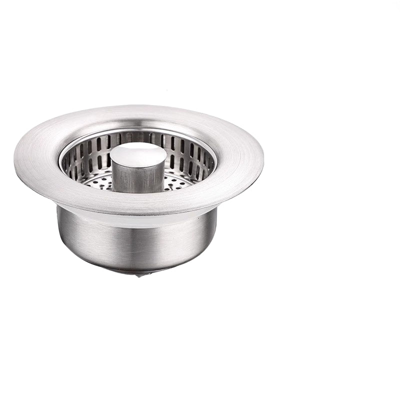 Stainless steel sink drain with dimensions and features highlighted on a white background