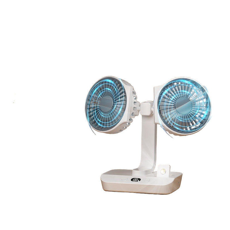 Multifunctional double-head small fan on a wooden surface with brown background