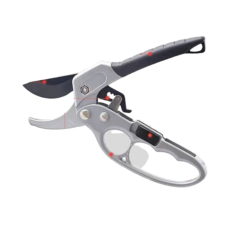Pruning shears with features highlighted on a gray background
