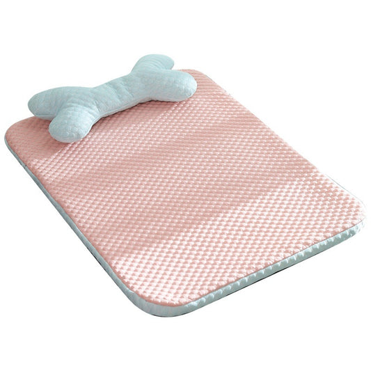 Pink textured mat with a blue toy on a white background