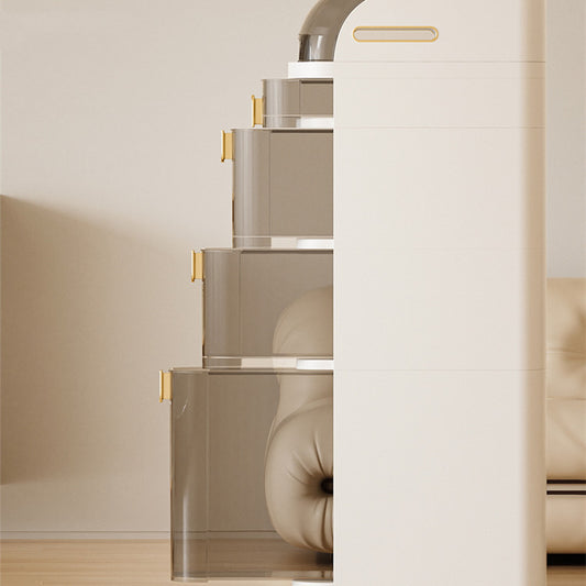 Modern glass shelves with gold accents in a minimalistic room.