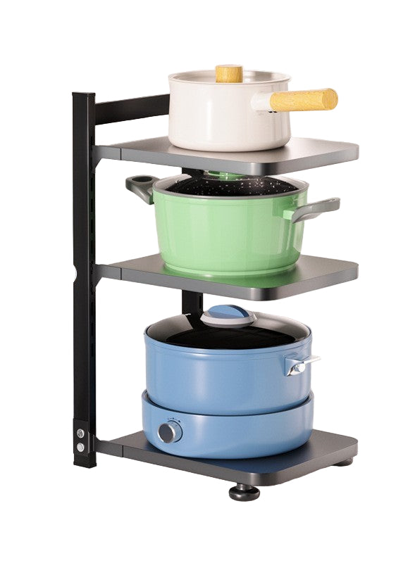 Kitchen cabinet organizer with pots and pans on a white background