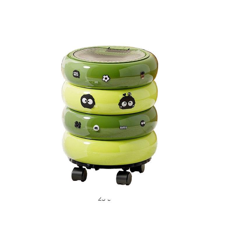 Green donut-shaped trash can with wheels and cover on a wooden floor.
