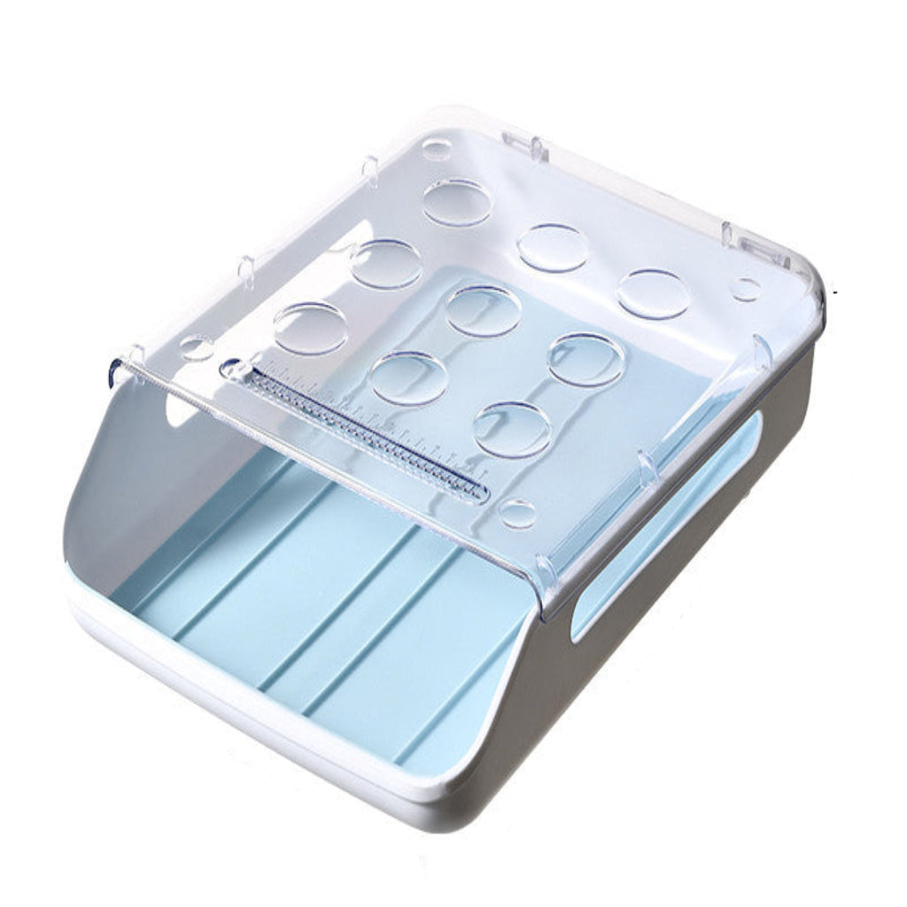 Transparent plastic tray with measurement markings on a white background