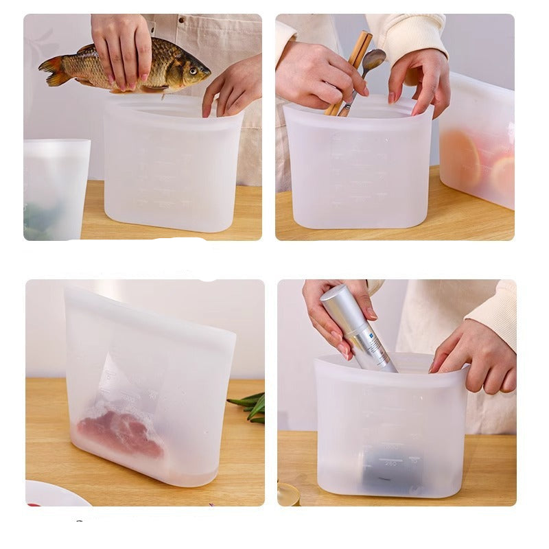 silicone food storage bag with various uses on a wooden surface