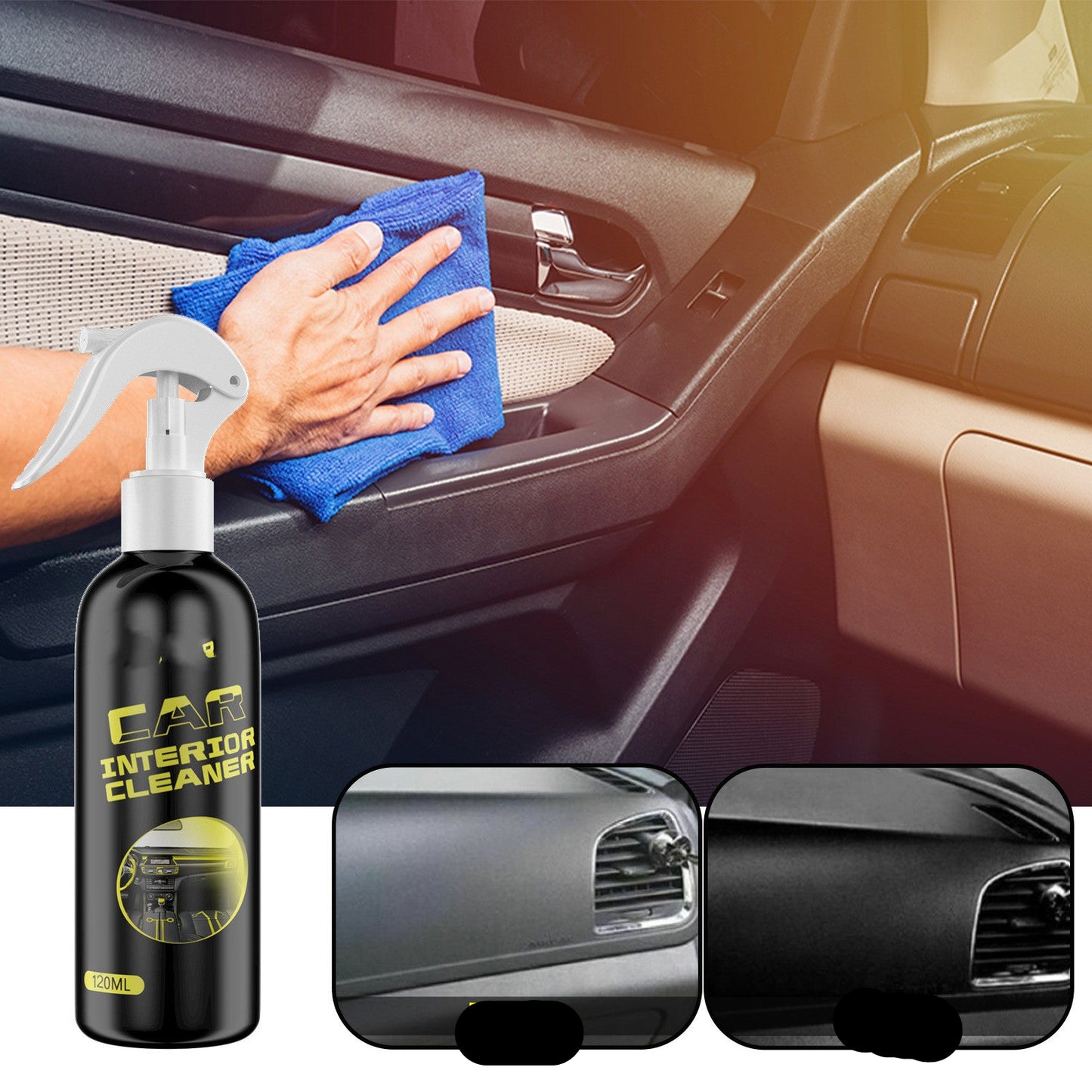 Car interior cleaning process with spray bottle and microfiber cloth, showing 'before' and 'after' effects.