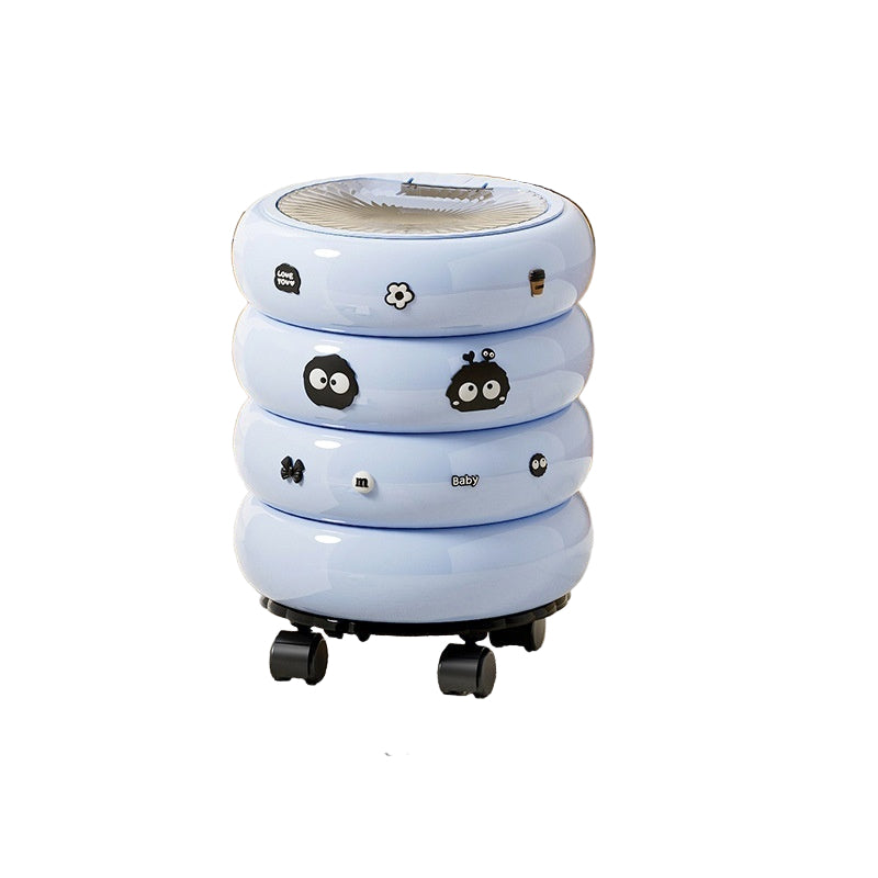 Blue donut-shaped trash can with wheels and cover, shown indoors on a wooden floor