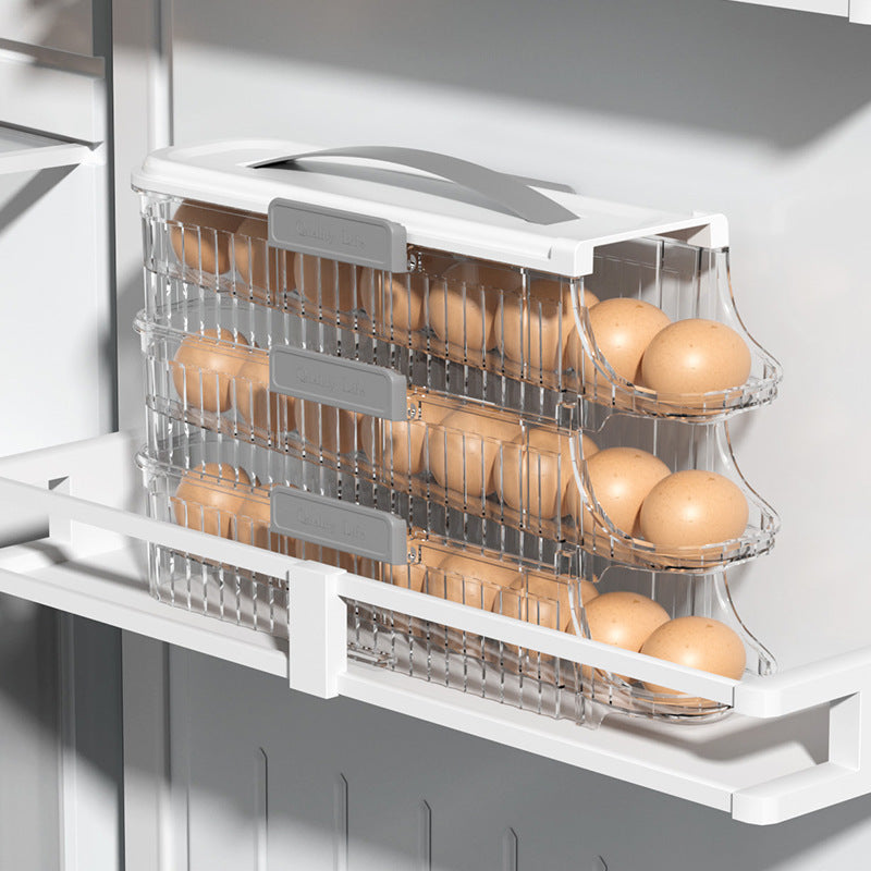 Egg storage container with eggs inside, attached to a refrigerator.