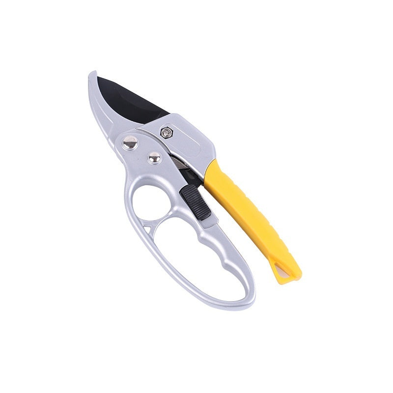 Pruning shears with a yellow handle on a white background